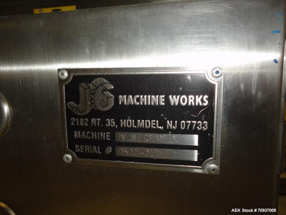 Used JG Machine Intermittent Motion Pump Crimper, Model Online Crimper, S/N 0503-027. Stainless steel body with Lexan guards.  

ALL EQUIPMENT IS SOLD AS IS, WHERE IS