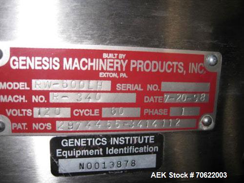 Used Genesis (West Packaging) Model RW-600LH Crimp Capper. Machine is capable of speeds up to 600 vials per minute. GMP design, gravity feed cap hopper. Vial size range: diameter 0.5-2.25", height 1....