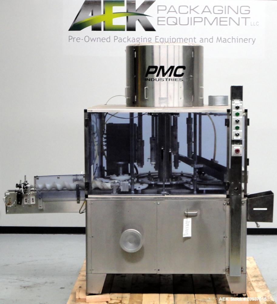 Used PMC Model XRI-8000 Rotary Pump Crimper. Capable of speeds up to 120 per minute. Minimum height of container in puck 4-1/2" and maximum height of container in puck 6-1/2". 8 heads now tooled for ...