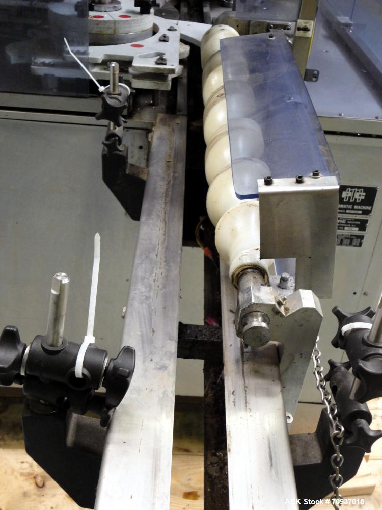 Used PMC Model XRI-8000 Rotary Pump Crimper. Capable of speeds up to 120 per minute. Minimum height of container in puck 4-1/2" and maximum height of container in puck 6-1/2". 8 heads now tooled for ...