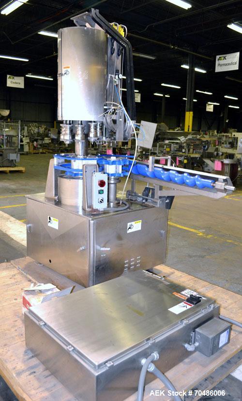 Used Alcoa Packaging Equipment 8 Head Rotary Chuck Capper, Model F-212-4. Capable of line speeds of 100 to 440/minute. Maximum container diameter 4.312’’, height 5-14’’, pitch diameter stars 12’’. Se...