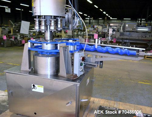 Used Alcoa Packaging Equipment 8 Head Rotary Chuck Capper, Model F-212-4. Capable of line speeds of 100 to 440/minute. Maximum container diameter 4.312’’, height 5-14’’, pitch diameter stars 12’’. Se...