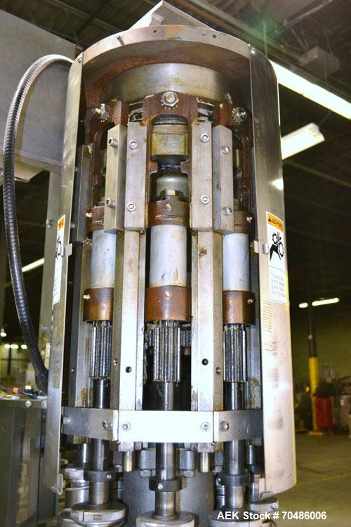 Used Alcoa Packaging Equipment 8 Head Rotary Chuck Capper, Model F-212-4. Capable of line speeds of 100 to 440/minute. Maximum container diameter 4.312’’, height 5-14’’, pitch diameter stars 12’’. Se...