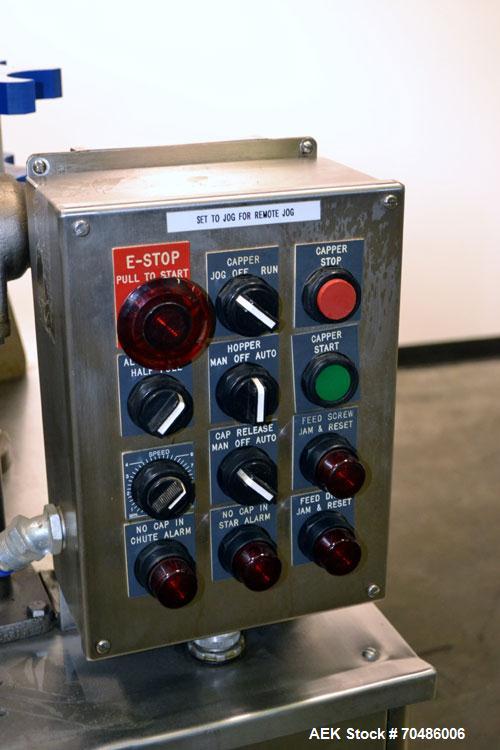 Used Alcoa Packaging Equipment 8 Head Rotary Chuck Capper, Model F-212-4. Capable of line speeds of 100 to 440/minute. Maximum container diameter 4.312’’, height 5-14’’, pitch diameter stars 12’’. Se...