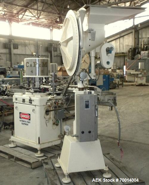 Used Consolidated-Capem 8 Head Rotary Capper, Model: D-8-FA. Capable of speeds from 20 to 175 caps per minute. Has a cap size range: 13 to 70 mm and is currently set up for a 45 mm/2” cap. Maximum co...