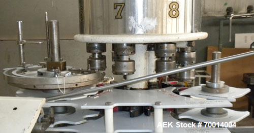 Used Consolidated-Capem 8 Head Rotary Capper, Model: D-8-FA. Capable of speeds from 20 to 175 caps per minute. Has a cap size range: 13 to 70 mm and is currently set up for a 45 mm/2” cap. Maximum co...