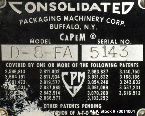 Used Consolidated-Capem 8 Head Rotary Capper, Model: D-8-FA. Capable of speeds from 20 to 175 caps per minute. Has a cap size range: 13 to 70 mm and is currently set up for a 45 mm/2” cap. Maximum co...