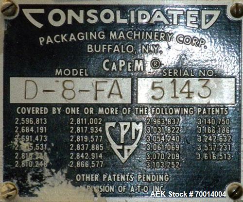 Used Consolidated-Capem 8 Head Rotary Capper, Model: D-8-FA. Capable of speeds from 20 to 175 caps per minute. Has a cap size range: 13 to 70 mm and is currently set up for a 45 mm/2” cap. Maximum co...