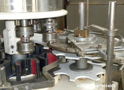 Used Consolidated-Capem 8 Head Rotary Capper, Model: D-8-FA. Capable of speeds from 20 to 175 caps per minute. Has a cap size range: 13 to 70 mm and is currently set up for a 45 mm/2” cap. Maximum co...