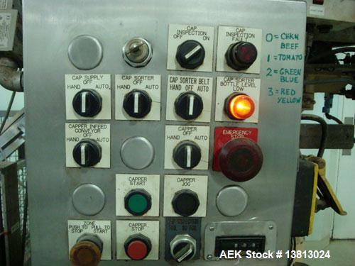 Used Capem Model TG-10 15, 10 Head Screw Capper with Sorter. Screw capper currently set up to run spice style closures in 53mm and 63mm sizes. Includes stainless steel cap sorter.