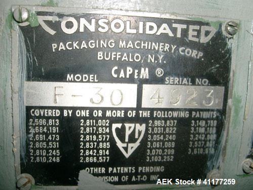 Used Consolidated Rotary Capper, Model TG-10-15. Capable of speeds up to 375 BPM. Has a Consolidated model F36 cap sorter. Cap size range: 13 - 70 mm (with proper change parts). Currently set up for ...