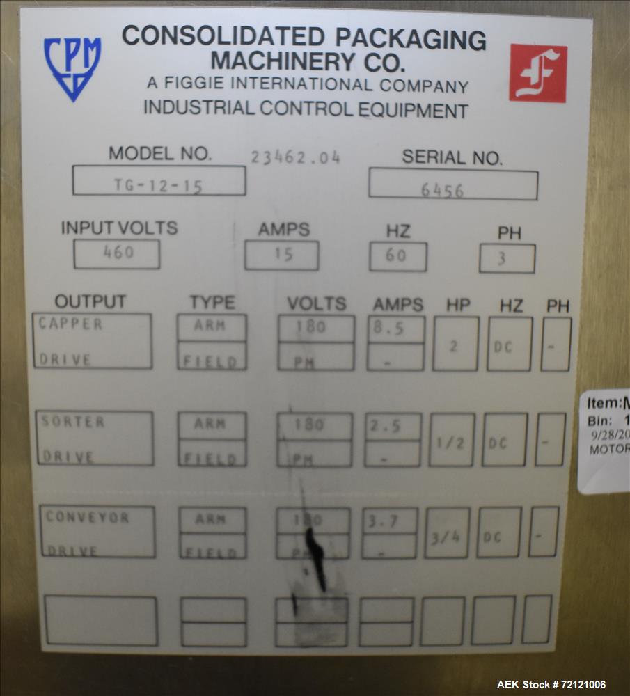 Used- Consolidated Model TG-12-15 High Speed Rotary Chuck Capper