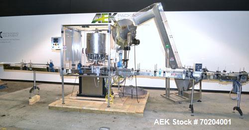 Used Consolidated Model TG-10-15 Rotary Capper. Capable of speeds up to 375 BPM. Has a Consolidated model F30 pin dial cap sorter with floor level cap feeder and worm to star container handling. Cap ...