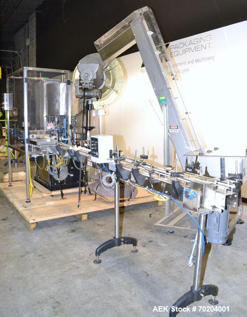 Used Consolidated Model TG-10-15 Rotary Capper. Capable of speeds up to 375 BPM. Has a Consolidated model F30 pin dial cap sorter with floor level cap feeder and worm to star container handling. Cap ...