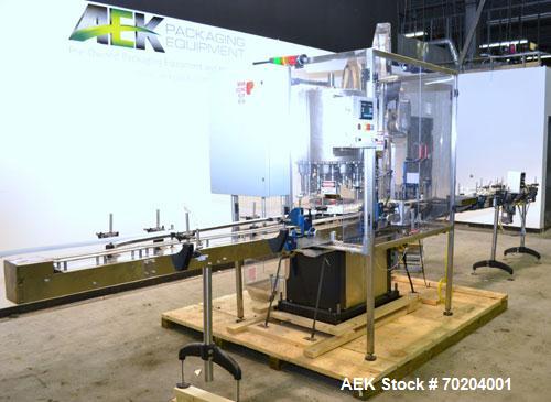 Used Consolidated Model TG-10-15 Rotary Capper. Capable of speeds up to 375 BPM. Has a Consolidated model F30 pin dial cap sorter with floor level cap feeder and worm to star container handling. Cap ...