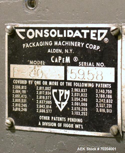 Used Consolidated Model TG-10-15 Rotary Capper. Capable of speeds up to 375 BPM. Has a Consolidated model F30 pin dial cap sorter with floor level cap feeder and worm to star container handling. Cap ...