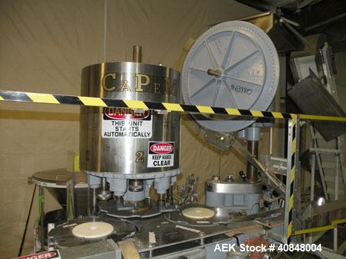 Used Consolidated TG-6-15 Rotary Chuck Capper. Capable of speeds up to 75-150 cpm. Currently set up for 24mm caps. Includes (1) Consolidated vertical sorter, model F30, driven by a 3/4 hp, 3/60/208-2...