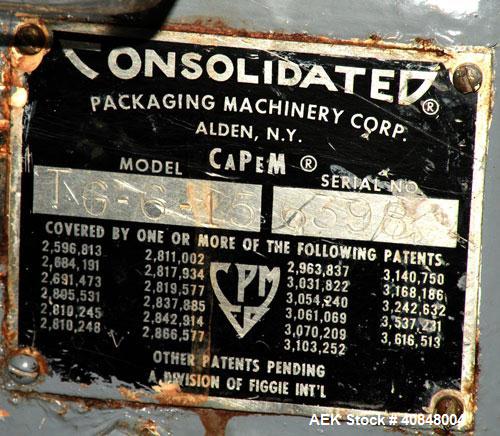 Used Consolidated TG-6-15 Rotary Chuck Capper. Capable of speeds up to 75-150 cpm. Currently set up for 24mm caps. Includes (1) Consolidated vertical sorter, model F30, driven by a 3/4 hp, 3/60/208-2...