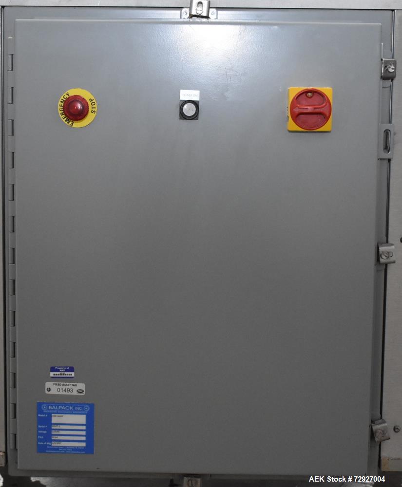 Used Balpack Automatic 2-Station Chuck Capper, Model CEIB. Fully Automatic 2 station inline chuck capper. Capable of speeds up to 55 BPM. Large format cap size range: 45mm-120mm (dia) with changepart...