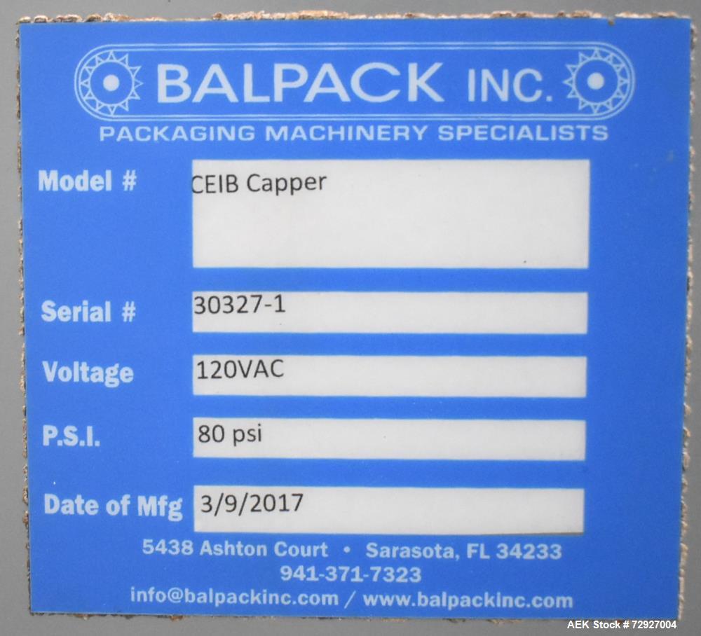 Used Balpack Automatic 2-Station Chuck Capper, Model CEIB. Fully Automatic 2 station inline chuck capper. Capable of speeds up to 55 BPM. Large format cap size range: 45mm-120mm (dia) with changepart...