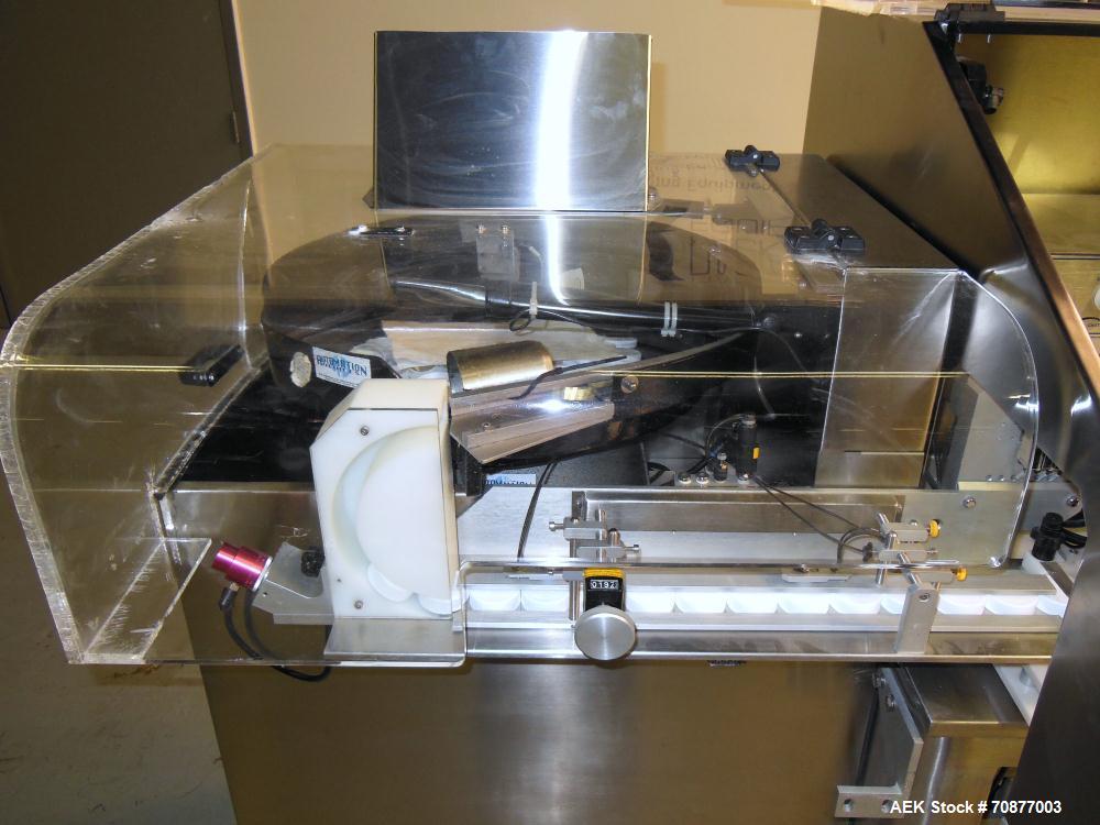 Used Kalish (IMA) Starcap Model 5123 Single Head Chuck Capper. Machine is capable of speeds up to 90 bottles per minute. Container size range: (height) 1-1/2" - 11" (diam) up to 4-1/8". Maximum cap s...