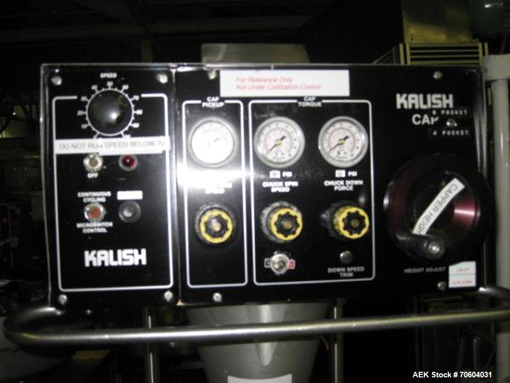Used Kalish Starcap Automatic Chuck Capper. Capable of speeds up to 80 bottles per minute. Cap size range: 13mm to 58mm with changeparts. Currently set up on 43mm diam caps. Has a vibratory bowl feed...