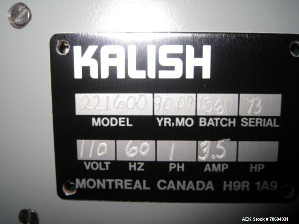 Used Kalish Starcap Automatic Chuck Capper. Capable of speeds up to 80 bottles per minute. Cap size range: 13mm to 58mm with changeparts. Currently set up on 43mm diam caps. Has a vibratory bowl feed...