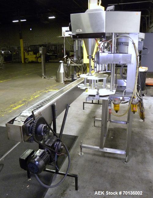 Used Kalish Starcap MK V Automatic Chuck Capper. Capable of speeds up to 80 containers per minute. Model 92900, single head chuck capper Has star wheel indexing for container and was last running 16o...