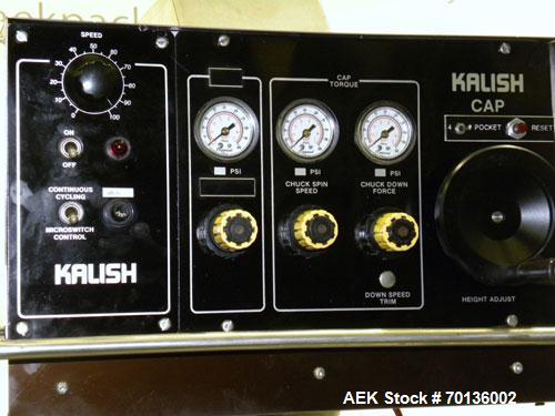 Used Kalish Starcap MK V Automatic Chuck Capper. Capable of speeds up to 80 containers per minute. Model 92900, single head chuck capper Has star wheel indexing for container and was last running 16o...