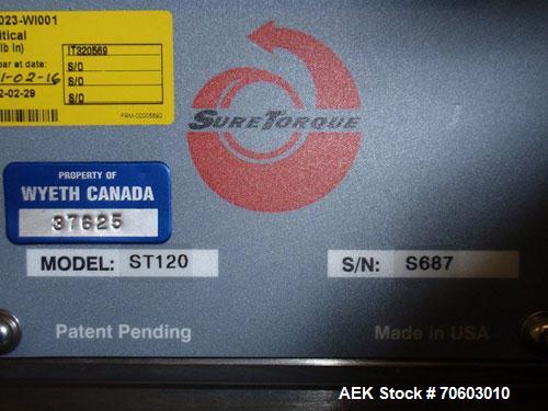 Used Sure Torque ST-120 Torque Tester. SIngle station unit. The unit can be used as a benchtop capper, tightening the cap to a defined set point. Designed to accurately measure the release torque of ...
