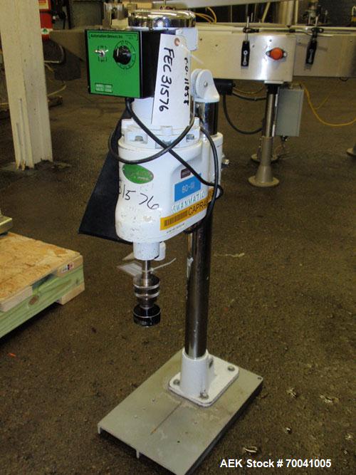 Used Swan-Matic Cap Master Single Cycle Bench Top Capper, Model 49VS. Up to 43 strokes per minute. Driven by a  1/4 hp DC motor with SCR controller. Adjustable height for up to 13’’ tall containers.