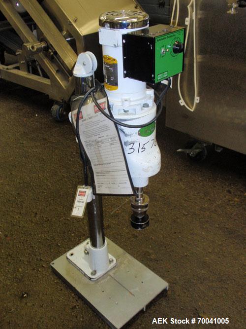Used Swan-Matic Cap Master Single Cycle Bench Top Capper, Model 49VS. Up to 43 strokes per minute. Driven by a  1/4 hp DC motor with SCR controller. Adjustable height for up to 13’’ tall containers.