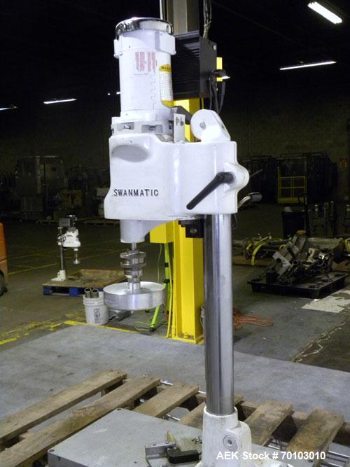 Used Swan-Matic Cap Master Single Cycle Bench Top Capper, Model C300. Up to 40 caps per minute. Driven by a 1/4 hp, 90 volt, 1750 rpm DC motor with a Swan-Matic model C302E  controller. Manual adjust...