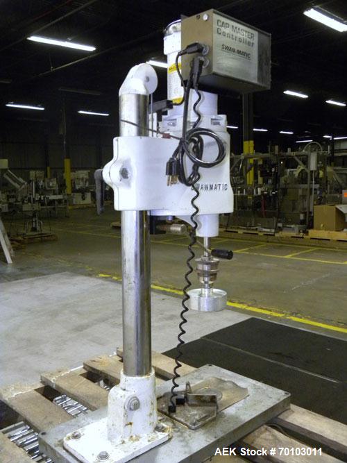 Used Swan-Matic Cap Master Single Cycle Bench Top Capper, Model C300. Up to 40 caps per minute. Driven by a 1/4 hp, 90 volt, 1750 rpm DC motor with a Swan-Matic model C302E controller. Manual adjusta...