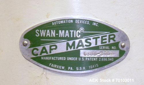 Used Swan-Matic Cap Master Single Cycle Bench Top Capper, Model C300. Up to 40 caps per minute. Driven by a 1/4 hp, 90 volt, 1750 rpm DC motor with a Swan-Matic model C302E controller. Manual adjusta...