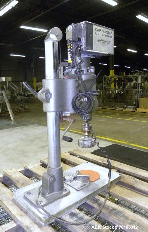 Used Swanmatic Cap Master Single Cycle Bench Top Capper, Model C300. Up to 40 caps per minute. Driven by a 1/4 hp, 90 volt, 1750 rpm DC motor with a Swan-Matic model C302E controller. Manual adjustab...