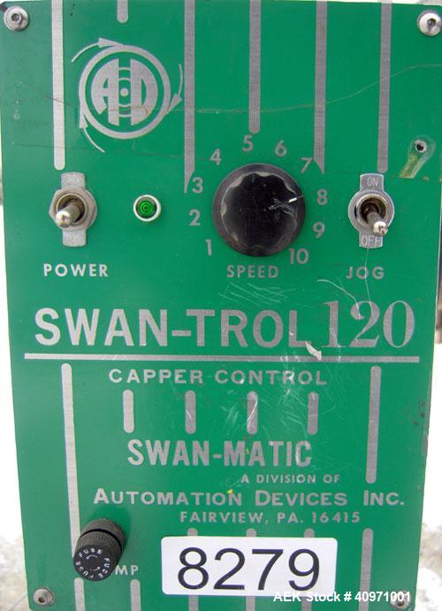 Used Swanmatic Cap Master Cap Tightener.Size range varies from 15-135 mm.Horizontally adjustable.Missing capper chuck.Driven by a 1/4 hp, 0/100 volt, 1800 rpm DC motor.Includes a Swan-Trol 120 capper...