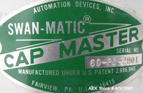 Used Swanmatic Cap Master Cap Tightener.Size range varies from 15-135 mm.Horizontally adjustable.Missing capper chuck.Driven by a 1/4 hp, 0/100 volt, 1800 rpm DC motor.Includes a Swan-Trol 120 capper...