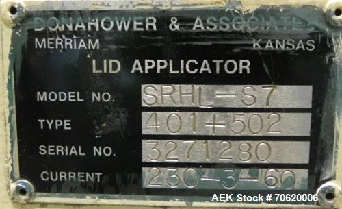 Used Donahower Model SRH-LS7 Over-Lidder applicator. Dual purpose overlidder switchable for 401 amd 502 can lids. Spinning rod lid magazines. Last running coffee cans.