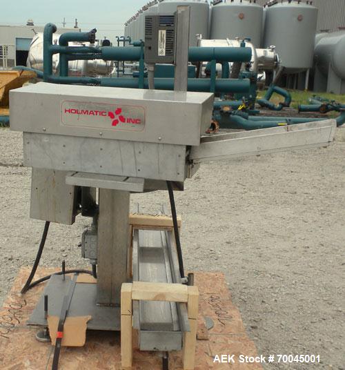 Used Holmatic Horizontal Overcapper/Lidder, stainless/aluminum construction, model PH-31. Last running 211 lids. 46" long single lane rollers, driven by a 1/4 hp, 3/60/230/460 volt, 1725 rpm motor. R...