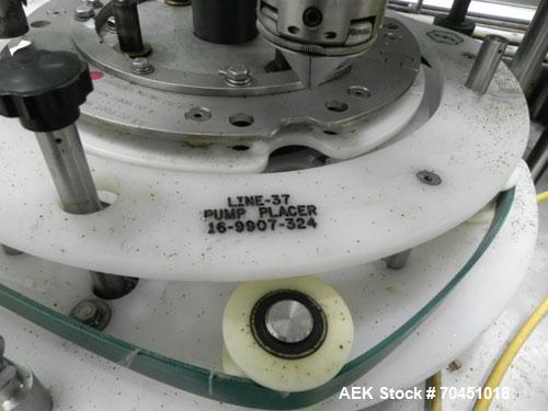 Used Anderson 4 head rotary pump/cap placer,withqty 2 Anderson cap /pump sorters and 1 and elevating feeder.