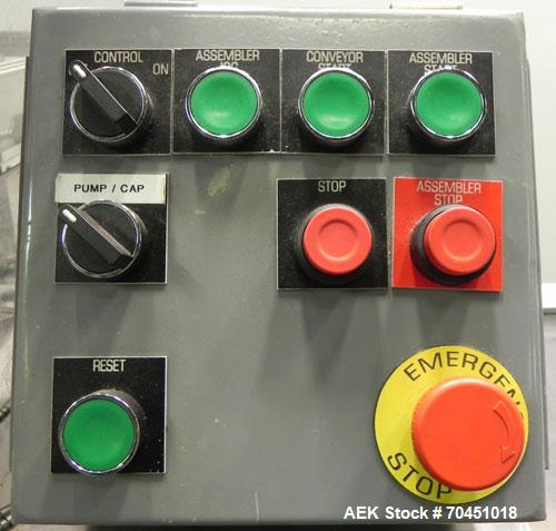 Used Anderson 4 head rotary pump/cap placer,withqty 2 Anderson cap /pump sorters and 1 and elevating feeder.
