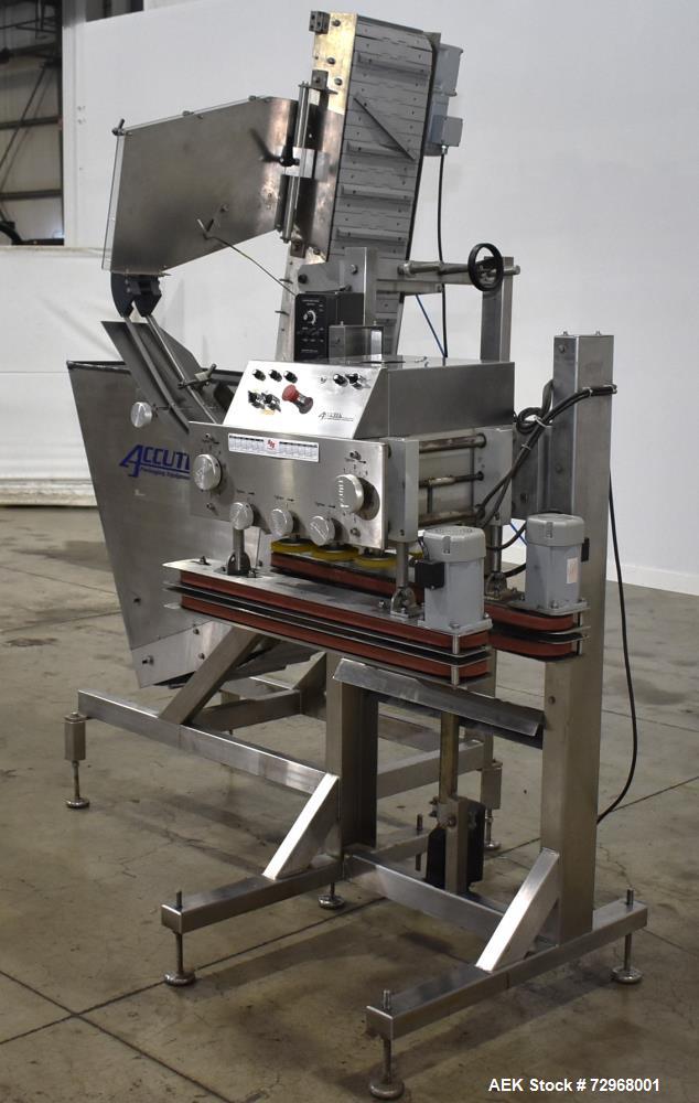 Used Accutek Inline Quill Capper, Model A-17. Set-up with 6-spindles and side-belt container transfer. Approximate speed 200 CPM. Approximate cap size range: 10mm to 120mm. Includes Accutek waterfall...