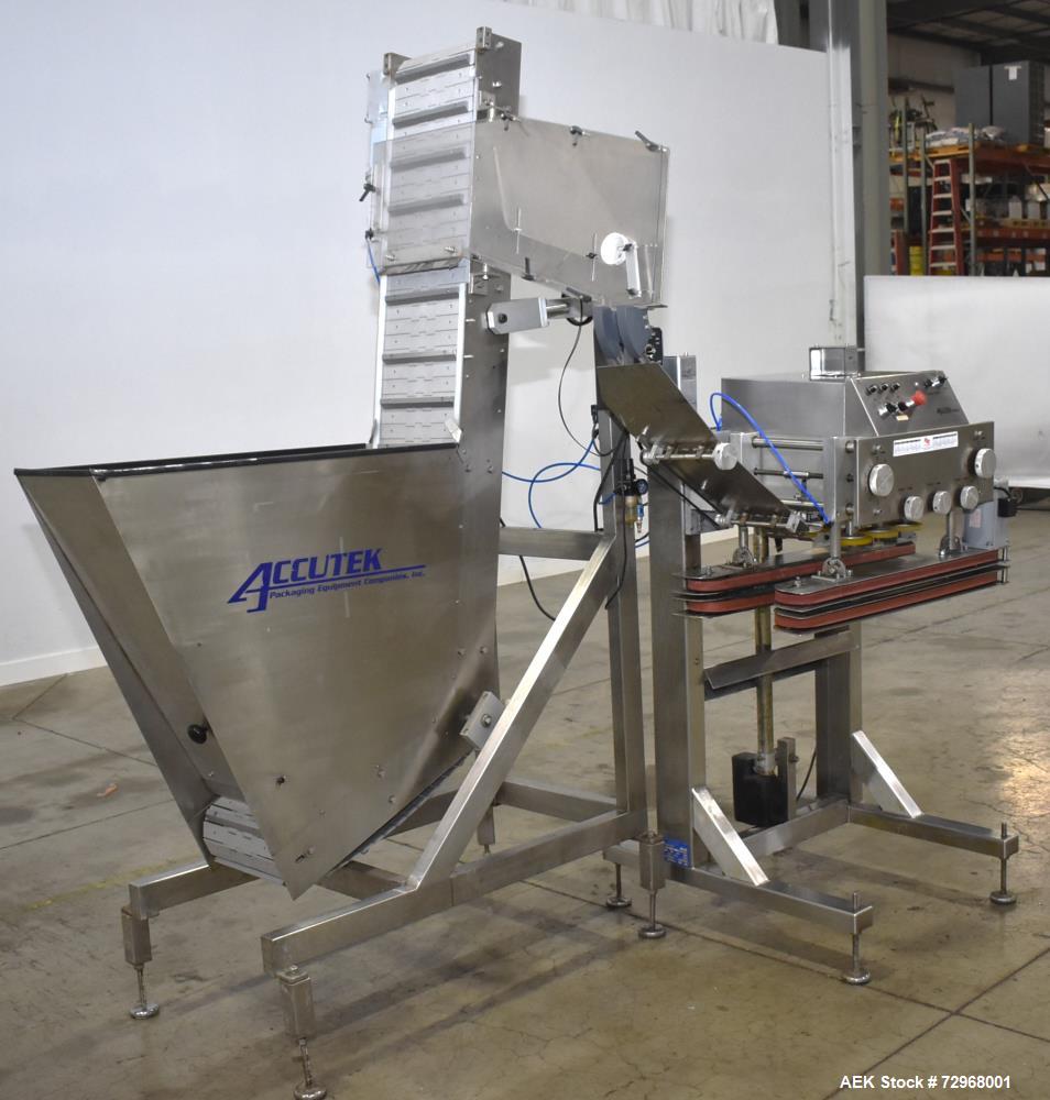 Used Accutek Inline Quill Capper, Model A-17. Set-up with 6-spindles and side-belt container transfer. Approximate speed 200 CPM. Approximate cap size range: 10mm to 120mm. Includes Accutek waterfall...