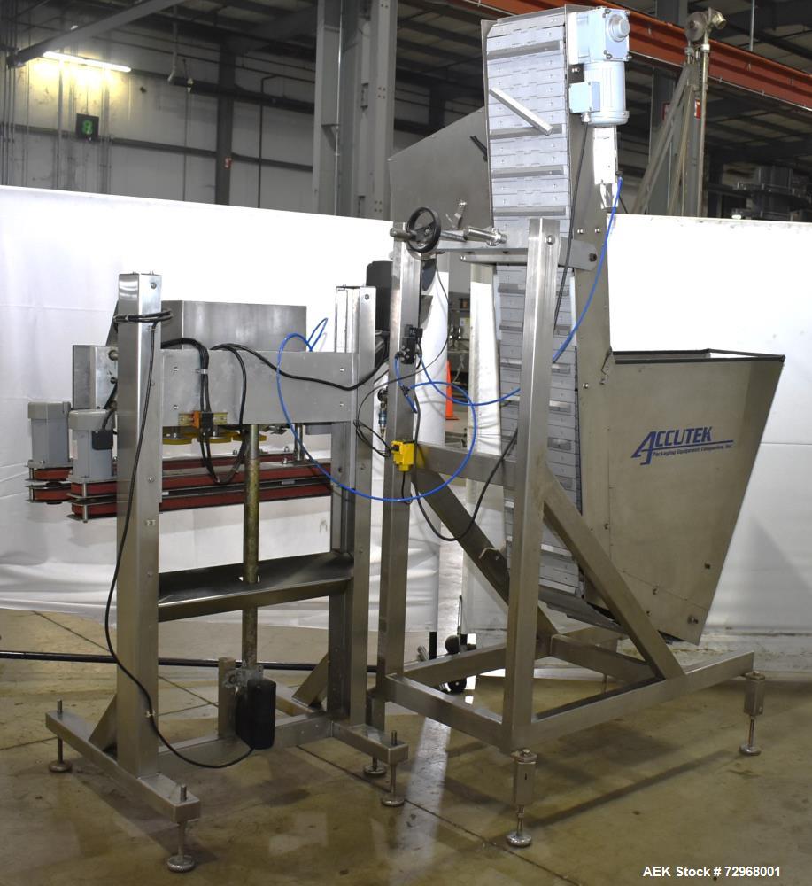 Used Accutek Inline Quill Capper, Model A-17. Set-up with 6-spindles and side-belt container transfer. Approximate speed 200 CPM. Approximate cap size range: 10mm to 120mm. Includes Accutek waterfall...