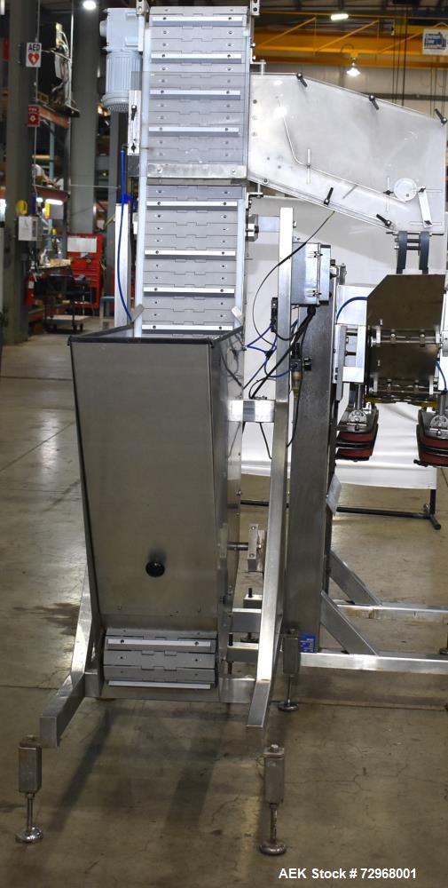 Used Accutek Inline Quill Capper, Model A-17. Set-up with 6-spindles and side-belt container transfer. Approximate speed 200 CPM. Approximate cap size range: 10mm to 120mm. Includes Accutek waterfall...