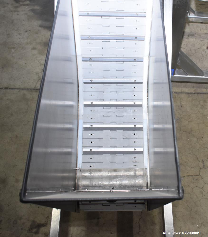 Used Accutek Inline Quill Capper, Model A-17. Set-up with 6-spindles and side-belt container transfer. Approximate speed 200 CPM. Approximate cap size range: 10mm to 120mm. Includes Accutek waterfall...