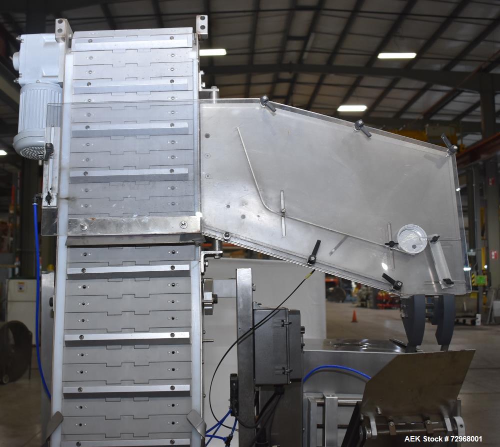Used Accutek Inline Quill Capper, Model A-17. Set-up with 6-spindles and side-belt container transfer. Approximate speed 200 CPM. Approximate cap size range: 10mm to 120mm. Includes Accutek waterfall...