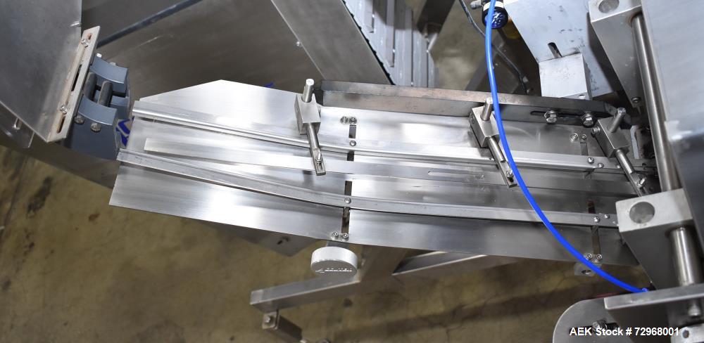 Used Accutek Inline Quill Capper, Model A-17. Set-up with 6-spindles and side-belt container transfer. Approximate speed 200 CPM. Approximate cap size range: 10mm to 120mm. Includes Accutek waterfall...