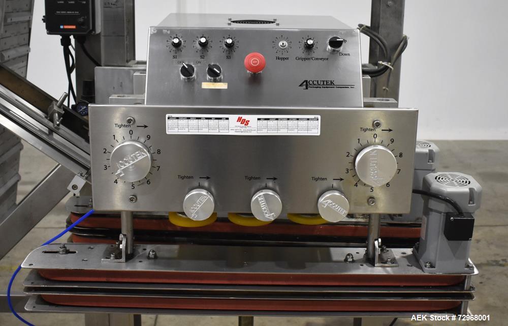 Used Accutek Inline Quill Capper, Model A-17. Set-up with 6-spindles and side-belt container transfer. Approximate speed 200 CPM. Approximate cap size range: 10mm to 120mm. Includes Accutek waterfall...